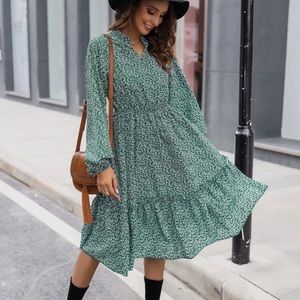Ditsy Floral Ruffle Hem Bishop Sleeve Dress